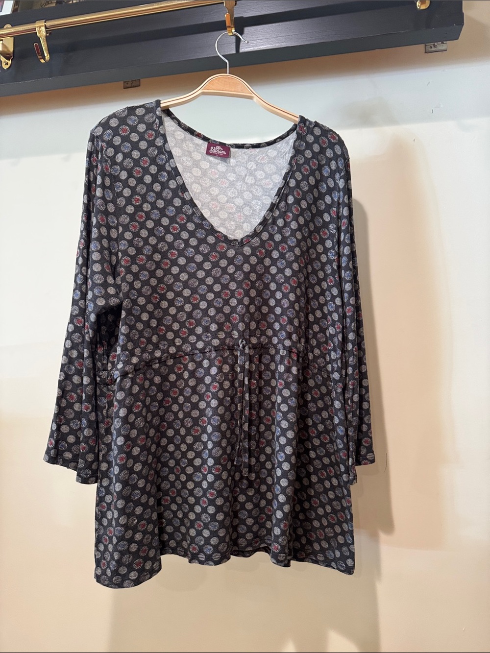 Salaam Gray Polka Dot V-Neck Tie-Front Tunic